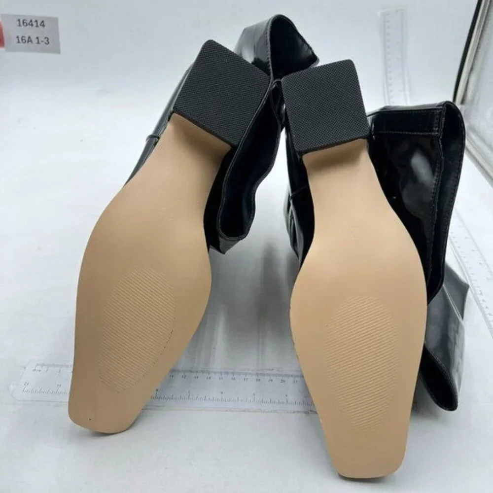 Black Square Toe Knee High Boot Wide Calf Low Chunky Heels Long Boot Party Shoes